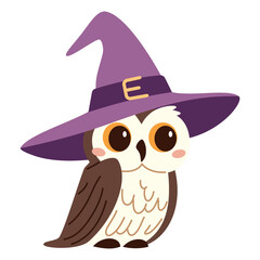 Flat vector illustration in children's style on white background. Cute owl in a witch's hat. Funny illustration for Halloween . Vector illustration