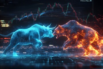 Bulle und B&auml;r in leuchtendem Cyber-Gewand im Finanzkampf