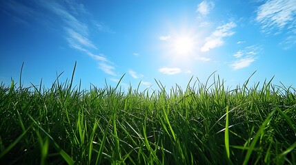 Fototapeta premium Serene early morning landscape with lush green grass and clear blue sky