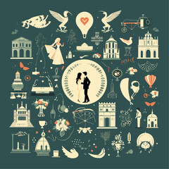 icons, vintage, wedding, wedding intro, wedding titles, white colro, flat, high detailing