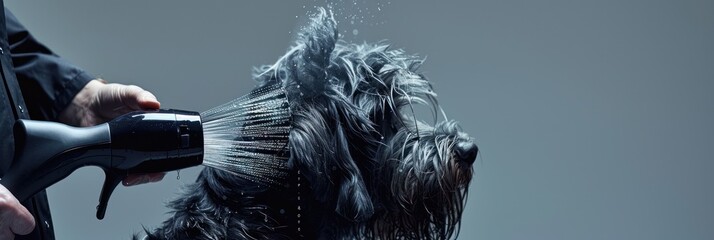 Fototapeta premium A black dog gets sprayed with water from a nozzle.