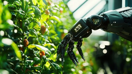 A close-up of an AI-controlled robotic arm harvesting crops with precision, accompanied by holographic screens displaying real-time data on crop quality and efficiency.