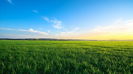 Obraz premium Peaceful Early Morning Landscape of Verdant Grassland Under Serene Blue Sky with Warm Sunlight
