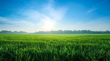 Breathtaking early morning landscape with a vibrant green field and clear blue sky