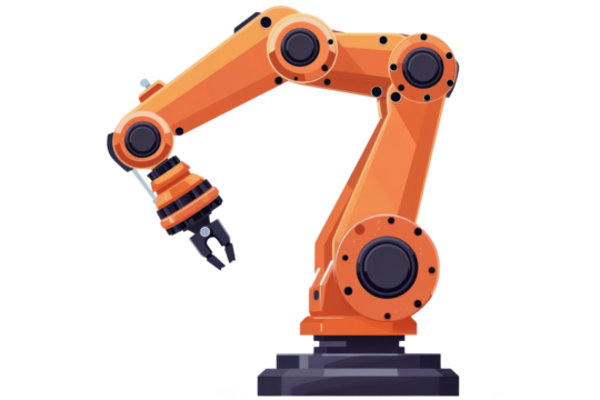 A robotic arm assembling parts on a white background.