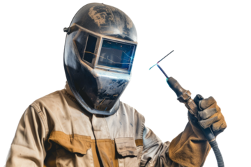 A welder in protective gear, holding a welding torch and helmet, white background.