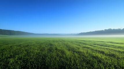 Fototapeta premium Expansive Pastoral Landscape with Lush Grass Clear Blue Sky and Open Horizon