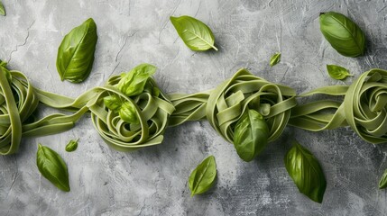 Fresh green pasta nests accented with vibrant basil leaves lay artistically on a textured gray surface.