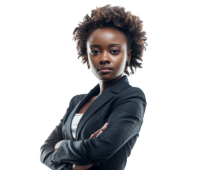 A young female African businesswoman in a power suit, standing confidently, white background.