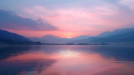 Fototapeta premium Minimalistic interpretation of a tranquil pastel sunset over a calm lake AI generated illustration