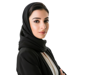 A young female Middle Eastern business woman in modest professional attire, white background.