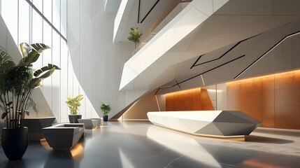Minimalistic lobby of a business center with an array of geometric shapes   --style rawAI generated illustration