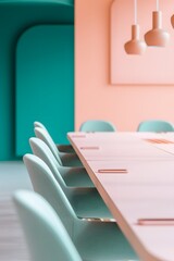 Minimalistic macro perspective of a pastel-colored boardroom  AI generated illustration