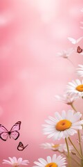 Pink daisies and butterflies fluttering in a colorful spring garden, romantic banner