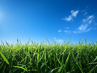 Obraz premium Lush Emerald Meadow Under Bright Blue Sky with Fluffy Clouds