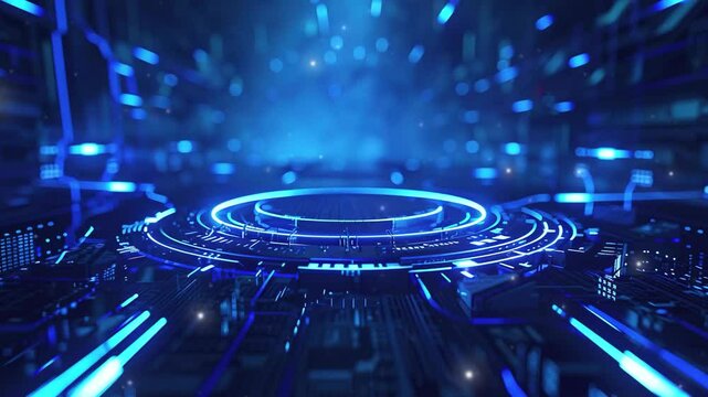 Futuristic podium technology blue background.