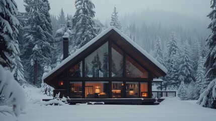 A picturesque snow-covered forest featuring a modern glass cabin, warmly illuminated, offering a serene and cozy winter refuge.