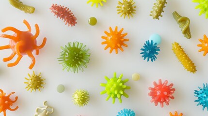 Obraz premium Vibrant, colorful plastic toy viruses and bacteria scattered on a white surface, evoking a playful and educational scientific theme.