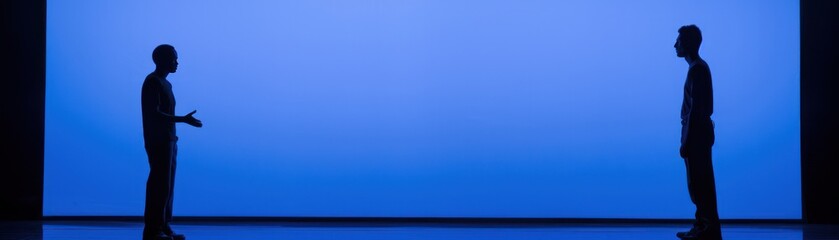 Obraz premium Two men standing in front of a blue screen, one facing the other with a hand outstretched.