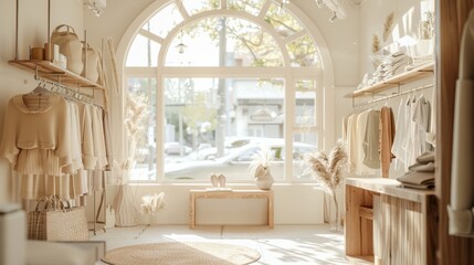 A sunlit, cozy boutique with soft earthy tones and large arched windows, creating a warm and inviting atmosphere filled with chic, minimalist fashion.