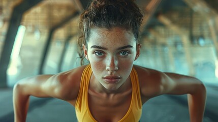 Determined Woman in Push Up Position.