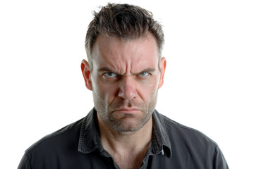 Obraz premium Man with furrowed brows and a tense expression, symbolizing stress, against a white background.