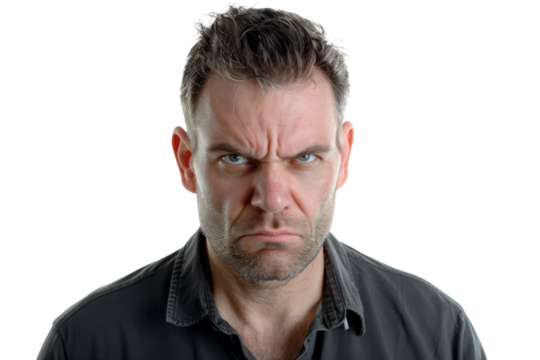 Man with furrowed brows and a tense expression, symbolizing stress, against a white background.