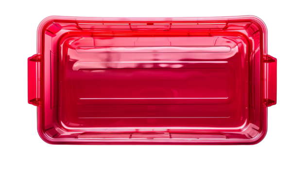 Bright red storage container with sturdy handles, perfect for organizing various items at home or in the office.