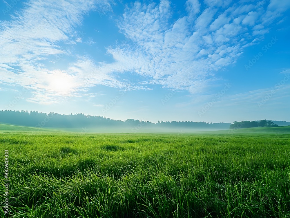 Wall mural Early morning scenic landscape of lush green meadow under a bright blue cloudy sky with wide open space