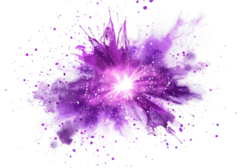 Mystical purple light explosion, symbolizing a sorcerer's power, vividly isolated on a white backdrop
