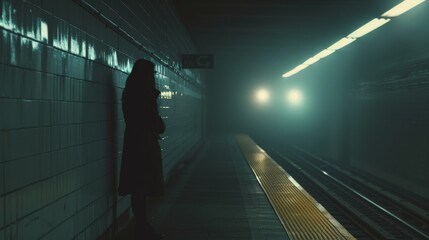 A solitary figure waits on a dimly lit subway platform, bathed in the eerie glow of a distant train approaching through the fog.