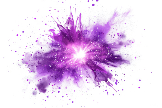 Mystical purple light explosion, symbolizing a sorcerer's power, vividly isolated on a white backdrop