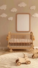 Dreamy Nursery Haven: Wooden crib, rocking horses, and fluffy clouds on a calming beige wall set the stage for peaceful slumbers and playful days. 