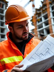 Construction Site Engineer Intensely Examining Architectural Blueprints Amidst Towering Cranes