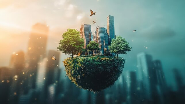 A floating island with trees and skyscrapers. A surreal depiction of nature and urban life coexisting.