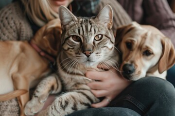 Close-up of a tabby cat and golden retriever resting on a person's lap.
