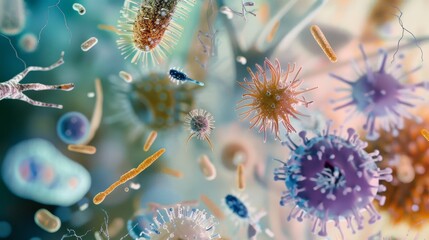 A detailed, colorful view of microscopic bacteria and other microbes, presenting a busy and dynamic scene of life unseen by the naked eye.