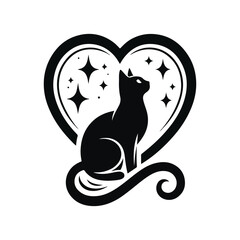 A large heart shape containing the silhouette of a cat sitting and gazing upwards