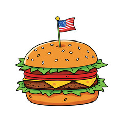 Hamburger with American Flag Vector – Patriotic Burger Illustration for 4th of July, BBQ, Independence Day, USA Celebration, Fast Food Design, and Digital or Print Projects