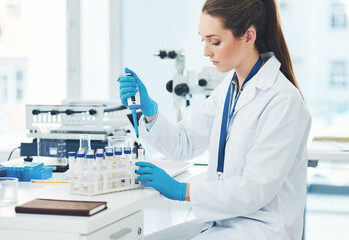 Sample, pipette and scientist with research, science laboratory and biology for pharmaceutical in...