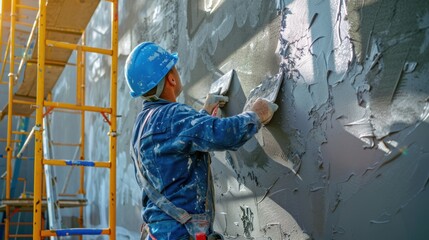 The construction worker plastering wall