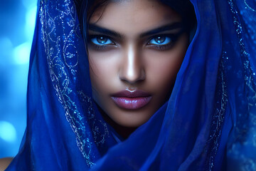 Naklejka premium An Indian model wearing a vibrant blue scarf, striking a confident pose for an ad campaign.