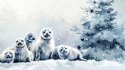 watercolor illustration of Weddell seals on the christmas background
