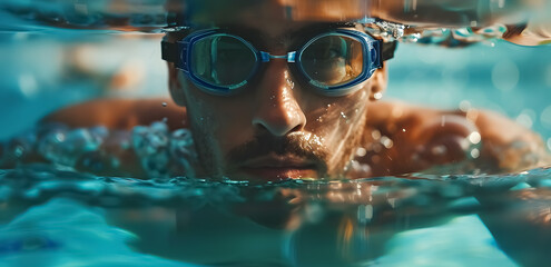 Fototapeta premium Sportsman Swimming in Pool: Sportsman in goggles swimming in a pool during a workout.