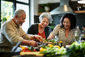 Seniors cooking together at home