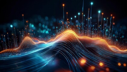 Obraz premium Abstract digital waves with glowing particles in a futuristic design. Ideal for technology blogs, digital art, sci-fi and business content. Generated image