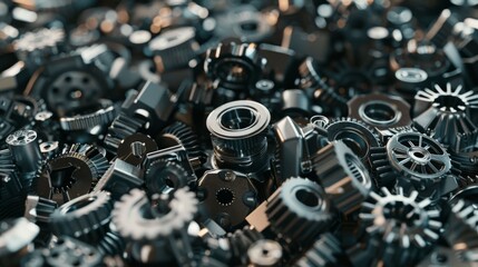 Fototapeta premium A dense collection of industrial metal gears and cogs, tightly packed together, illustrating mechanical complexity and craftsmanship.