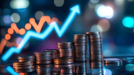Stacked coins in ascending order placed in front of a fluctuating financial graph