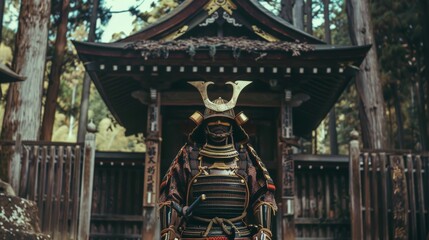 Fototapeta premium A solitary samurai in vivid armor stands before an ornate, historic shrine, embodying the spirit of ancient Japanese tradition and honor.