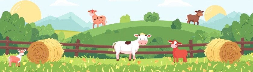 Cartoon Cows Grazing in Field with Hay Bales.